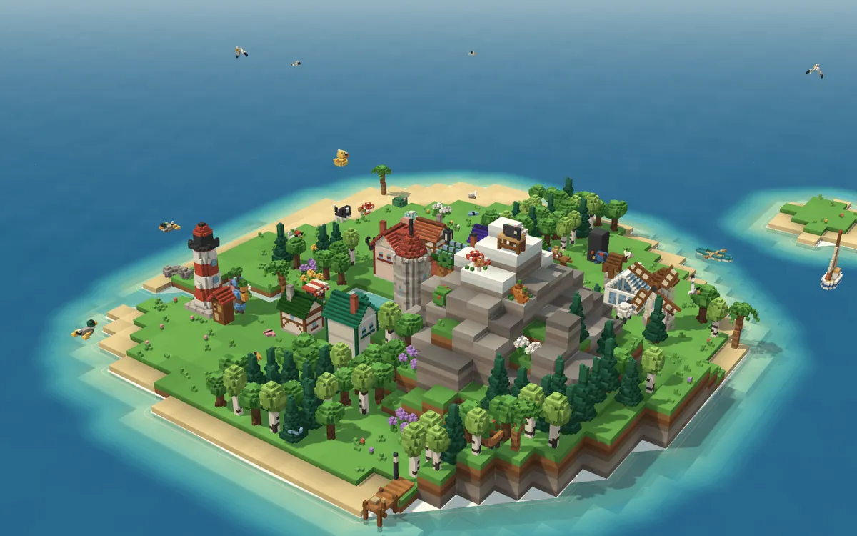 A voxel island with a town, a harbour and trees, grown from tracked hours.
